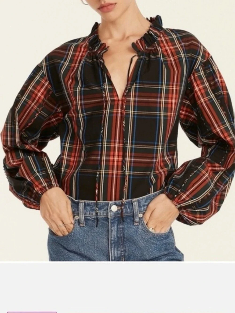 J. Crew Scalloped Tartan Plaid Tie-Neck Blouse M
